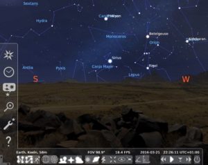 Abbildung 1: Stellarium startet in der Regel im Vollbildmodus. Die Steuerelemente erscheinen nur dann, wenn Sie den Mauszeiger in die linke untere Ecke bewegen.