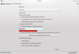 Abbildung 1: Die Einstellungen erlauben den unbeaufsichtigten Remote-Zugang zum Rechner – zumindest in der Theorie. In der Praxis scheitert es daran, dass sich die Software das Zugangspasswort nicht merkt.