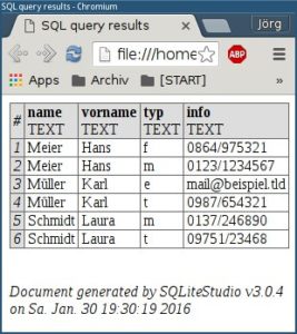 Abbildung 17: Das Ergebnis der Abfrage eines Views mittels SQL-Anweisung im HTML-Format.