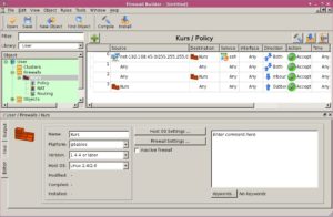 Abbildung 2: Das grafische Bearbeiten der Regeln in Fwbuilder zeigt die eingelesenen Regeln, die der Iptables-converter erzeugt hat.