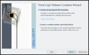 Abbildung 2: Der intuitiv gestaltete Veracrypt-Dialog hilft Ihnen dabei, auch ohne Vorwissen oder Handbuchstudium verschlüsselte Container anzulegen.