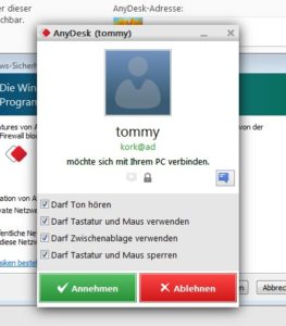 Abbildung 3: Anydesk fordert auf dem Remote-Rechner eine explizite Zustimmung zum Verbindungsaufbau ein. Darin legen Sie auch die gewährten Berechtigungen fest.