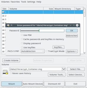Abbildung 3: Die Veracrypt-GUI übernimmt das Mounten und gewährt Zugriff auf alle weiteren Funktionen.