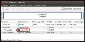 Abbildung 4: Mit der Linux-Bordlösung Dmcrypt/Luks verschlüsselte Partitionen erscheinen in der Partitionstabelle auch als solche.