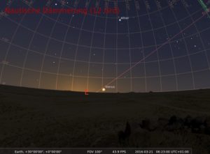 Abbildung 2: Mit den richtigen Parametern gefüttert zeigt das virtuelle Planetarium die verschiedenen Formen eines Sonnenaufgangs, wie im Beispiel die nautische Dämmerung.