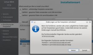 Abbildung 1: Der Installer entscheidet, wie er die Platte aufteilt: Linux Mint ist das einzige System, es gibt eine Root- und eine Swap-Partition.