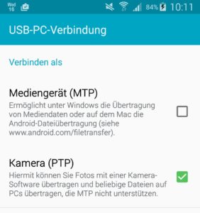 Abbildung 1: Viele Smartphones erlauben keinen direkten Zugriff auf das Dateisystem, so z. B. das Samsung Galaxy S5, das die Wahl zwischen MTP- und PTP-Verbindungen lässt.