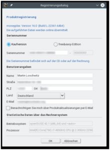 Abbildung 1: Beim ersten Programmstart fragt MoneyPlex Sie nach dem Lizenzschlüssel. Sie können diesen auch später nachtragen.