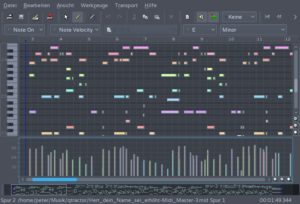 Abbildung 10: Die Tastenanschläge eines MIDI-Instruments stellt Qtractor wie auf einer Spieldosenwalze grafisch dar. Die Balken lassen sich verschieben sowie vergrößern und verkleinern. Das gilt auch für das Balkendiagramm der Anschlagstärken unten.