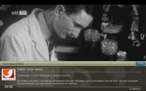 Abbildung 14: Während ein Sender läuft (hier ZDF info), blättern die Pfeiltasten durch die Programminformationen der anderen Sender (hier Kabel eins).