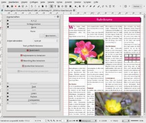 Abbildung 2: Für Druckprodukte gibt es unter Linux kaum eine Alternative zu Scribus. Rahmen definieren die exakten Größen aller Elemente, auch des Seitentexts (dünne rote Linie). Das Grundlinienraster hält die Textzeilen der von Vorder- und Rückseite sowie mehreren Spalten auf gleicher Höhe.