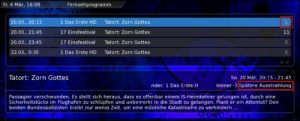 Abbildung 2: Hier ist die TV-Karte zum Zeitpunkt der Ausstrahlung einer Tatort-Folge belegt. MythTV sucht auf allen Kanälen nach Wiederholungen und nimmt ersatzweise automatisch die erste von ihnen auf.