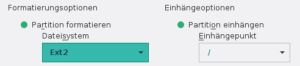 Abbildung 2: Bei den Formatierungsoptionen (OpenSuse) stellen Sie "Ext2" ein und wählen den richtigen Einhängepunkt.