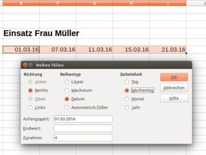 Abbildung 3: Calc berechnet auch Datumsreihen mit jeweils mehreren Tagen Abstand.