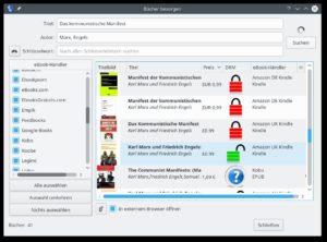 Abbildung 4: Die Büchersuche von Calibre verrät über das rote, geschlossene Schloss-Symbol, dass ein Titel DRM-geschützt ist; grün bedeutet DRM-frei.
