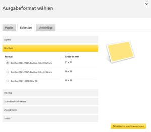 Abbildung 7: Im Webinterface der Post wählen Sie als Zielformat das Format der Papierrolle in Ihrem Labeldrucker aus.