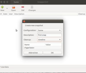 Abbildung 8: Der erste Snapshot für das Home-Verzeichnis in Snapper-GUI.