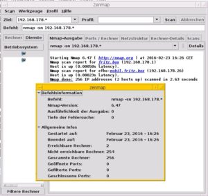 Abbildung 1: Das grafische Frontend Zenmap bereitet die Scanergebnisse von Nmap übersichtlich auf und bietet daneben weitergehende Informationen zum jeweiligen Host an.