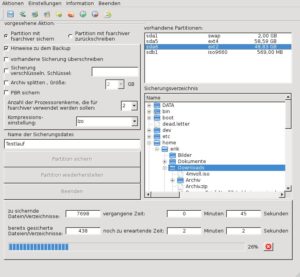 Abbildung 1: Das Programmfenster von Qt4-Fsarchiver wirkt auf den ersten Blick etwas unübersichtlich.