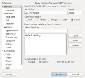 Abbildung 3: Das Terminalprogramm Putty hilft Ihnen dabei, die Daten aus einer GPS-Maus in einer Datei zu speichern.
