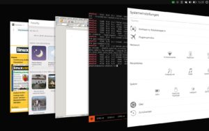 Abbildung 3: LibreOffice neben einem Linux-Terminal, den System-Einstellungen und dem für Ubuntu Touch optimierten Browser.