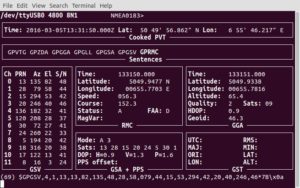 Abbildung 4: Das Programm Gpsmon liefert eine übersichtliche Ausgabe der GPS-Daten, die es aus einer via USB angeschlossenen GPS-Maus ausliest.