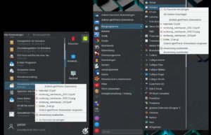 Abbildung 6: Der schon seit KDE 4 bekannte Anwendungsstarter (links) zeigt nun ebenso wie das neue KDE-5-Startmenü (rechts) per Rechtsklick früher geöffnete Dokumente an. Hinzu kommen Optionen zum Ablegen des Starters auf dem Desktop oder der Taskleiste.