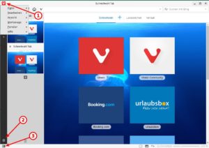Abbildung 1: In der Grundeinstellung lädt Vivaldi beim Start das Schnellwahlfenster mit ausgewählten Bookmarks als Thumbnails. Das Menü erreichen Sie über einen Mausklick auf das Browser-Logo (1), die Einstellungen über das Zahnrad-Symbol (2), der stilisierte Schalter (3) blendet die <code srcset=