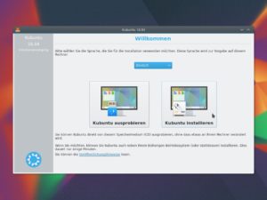 Abbildung 1: Nach dem Booten der Kubuntu-DVD erscheint dieses Fenster, in dem Sie die Sprache auswählen und probeweise den KDE-Desktop im Live-Modus starten.