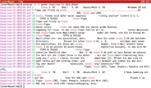 Abbildung 1: Über die Option "-n" zeigt "pdfgrep" auch Seitenzahlen zu den Treffern an. Hier hat es das Wort "Gnome" auf mehreren Seiten in zwei Community Editions von EasyLinux gefunden.