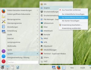 Abbildung 10: Nach dem Rechtsklick kann Dolphin aus dem Anwendungsstarter in die Kontrollleiste oder an andere Stellen integriert werden.