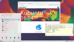 Abbildung 1: Kubuntu 16.04 setzt auf Plasma 5 und präsentiert sich mit dem Kubuntu-typischen auffälligen Hintergrundbild.