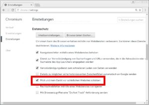 Abbildung 1: Der Google-Browser Chromium aktiviert in der Voreinstellung eine Funktion, die Sie vor Websites mit Phishing-Inhalten oder potenzieller Malware warnt.