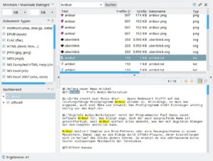 Abbildung 13: DocFetcher funktioniert unabhängig von Desktop-Umgebung und Betriebssystem. Es durchforstet viele gängige Dateitypen wie PDF, Microsoft Office oder LibreOffice sowie Musik- und Grafikdateien nach Schlagwörtern.