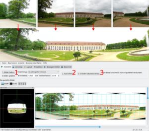 Abbildung 2: In drei einfachen Schritten (unten) verbindet Hugin im Standardmodus die aus der Hüfte geschossenen, unterschiedlich belichteten Kacheln (oben) zu einem Panorama (Mitte).