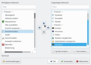 Abbildung 2: In diesem Fenster wählen Sie die Einträge für die Werkzeugleiste und die Positionen dieser Einträge durch Klicks auf die Pfeilsymbole.
