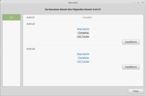 Abbildung 6: Der überarbeitete Update Manager hat jetzt eine eigene Ansicht für den Linux-Kernel. Neben der aktuellen Version und möglichen Alternativen bietet der Dialog Zugriff auf die Fehlerberichte und das Änderungsprotokoll.