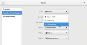 Abbildung 6: In den Gnome-Systemeinstellungen suchen Sie aus einer Liste vorhandener Programme die bevorzugten Anwendungen zum Browsen, Mailen, Musikhören usw. aus.