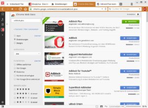 Abbildung 6: Derzeit führt das Menü "Werkzeuge" / "Erweiterungen" noch zum Chrome Web Store. Per Mausklick aktivieren Sie Add-ons wie z. B. Werbeblocker.