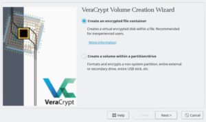 Abbildung 9: Anders als die in Linux integrierte Verschlüsselung mit "dmcrypt" erzeugt Veracrypt verschlüsselte Container mit einem auch für Laien leicht bedienbaren Wizard.