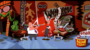 In Day of the Tentacle wechseln sich Slapstick-Szenen mit trockenem Humor ab.