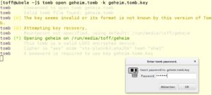 Abbildung 1: Beim Erzeugen oder Öffnen eines Crypto-Containers fragt Tomb das Passwort zur Schlüsseldatei bei Verfügbarkeit mit einem grafischen Fenster ab.