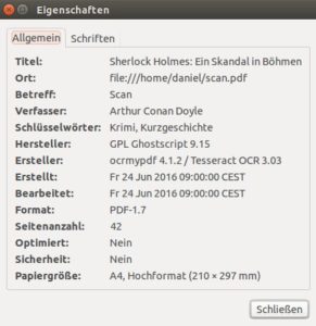 Abbildung 3: PDF-Dateien beinhalten oft zusätzliche Metadaten. Bildbetrachter wie hier Evince zeigen diese in den Eigenschaften an.