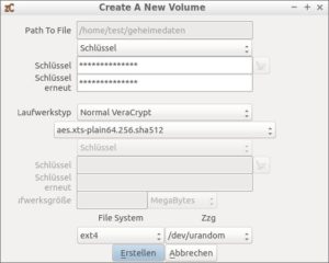 Abbildung 3: Als Laufwerkstyp bietet sich Veracrypt an, die Verschlüsselungsroutine sollten Sie unangetastet lassen.