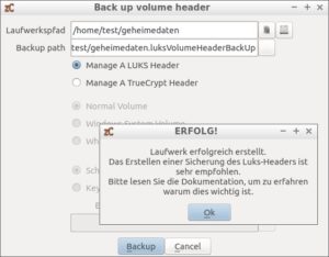 Abbildung 4: Nach dem Erstellen eines Containers erinnert Zulucrypt daran, den Header zu sichern.