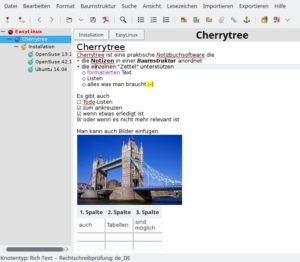 Abbildung 1: Cherrytree ordnet Notizen aus formatiertem Text in einer Baumstruktur, dem namensgebenden "Kirschbaum" (links).