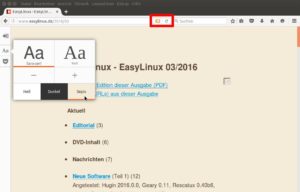 Abbildung 4: Die Firefox-Leseansicht erreichen Sie über das Buch-Icon in der Adressleiste (rot umrandet). Über die linke Seitenleiste können Sie die Schrift und den Hintergrund anpassen.