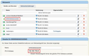 Abbildung 5: Router wie hier eine FritzBox zeigen eine Liste aller im lokalen Netz registrierten Geräte an, darunter findet sich auch der Drucker (oben). Nach einem Klick auf den Eintrag erscheint ein neuer Dialog, der auch die IP-Adresse verrät (unten).