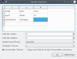 Abbildung 5: Der Assistent für Tabellen unterstützt nur die elementarsten Funktionen.