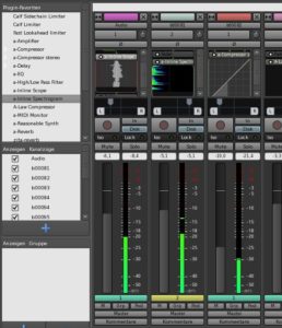 Abbildung 7: Scope, Spectrogramm und Compressor aus der mitgelieferten Plugin-Sammlung zeigen ihre Ausgaben direkt in Mixerspuren an.